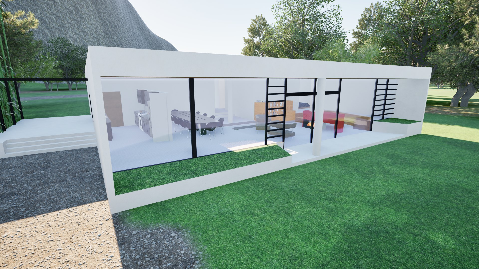 Exterior rendering of a modern single-storey home with full-height glazing and a landscaped lawn